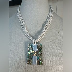 White seed bead abalone mosaic style pendant necklace